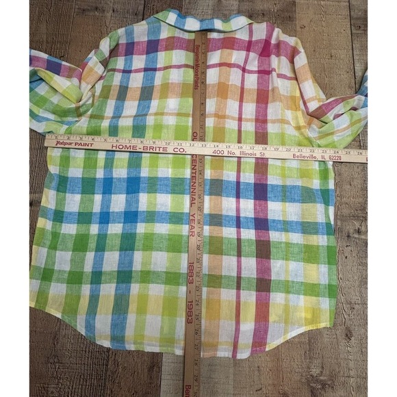 Talbots Top Womens XL Multi Plaid Linen Blend Button-Up Long Sleeve Blouse - Picture 4 of 8